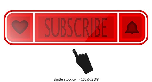 Red button subscribe and hand cursor. Button with like and bell icon. Blogging, streaming. Social media concept. Vector illustration. EPS 10