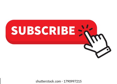 Red button subscribe and hand cursor. Subscribe to the channel. Blogging. Vector illustration Isolated on white background.