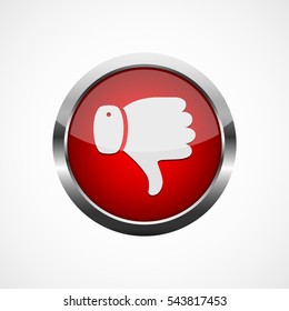 Red button with thumb down icon. White thumb down on red button. Vector illustration. I dislike concept.
