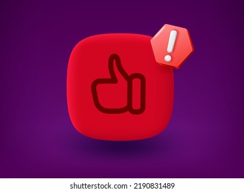 Red button with thumbs up icon and notice pictogram. 3d vector illustration