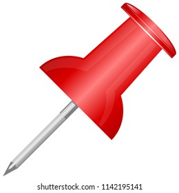 Red button, vector illustration, isolated on white background. Needle chrome, metal, sharp. On the plastic part, the glare of light.