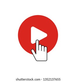 Red button video player  and hand cursor. Vector illustration.