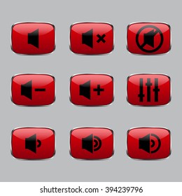 Red button. Volume icons set, Plus, minus, mute icons. Indicating signal to noise ban. Speaker with probition sign, mute.