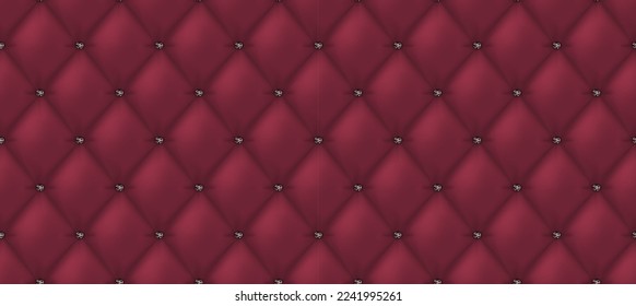 Red buttoned upholstery background - eps10 vector. Fashionable surface with stitches. Burgundy leather texture. 