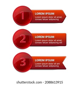 Botones rojos con banners para el diseño de texto. Ilustración vectorial. Concepto de negocio con 3 pasos. 