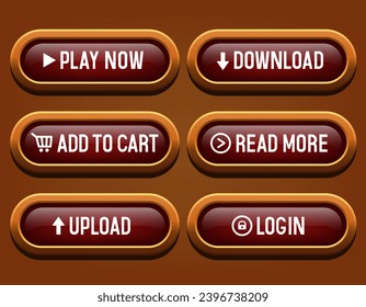 Red buttons in a brown frame. Buttons for the website. Vector set.