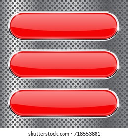 Red buttons with chrome frame on metal perforated background. Vector 3d illustration