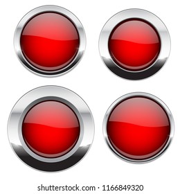 Red buttons with chrome frame. Round glass shiny 3d icons. Vector illustration isolated on white background