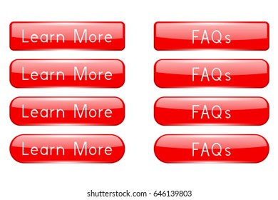 Red buttons LEARN MORE and FAQs. Oval web icons. Vector 3d illustration isolated on white background
