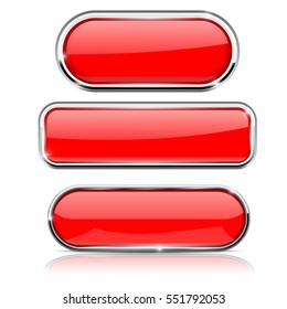 Red buttons with metal frame. Collection of shapes. Vector 3d illustration isolated on white background.