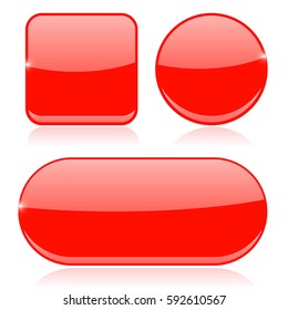 Red buttons. Round, square and oval shiny icons. Vector 3d illustration