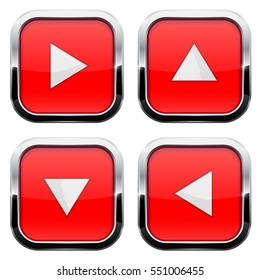 Red buttons. Square arrow keys with chrome frame. Vector 3d illustration isolated on white background.