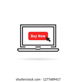 red buy now button in linear laptop. concept of client making easy decision or pre-order and badge for online store e-commerce. flat simple cpc logotype graphic art design isolated on white background
