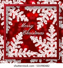 Red C hristmas background with shining white snowflakes. 