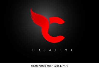 Red C Letter Wings Logo Design Icon. Flying Wing Letter Logo with Creative Black Wing Concept.