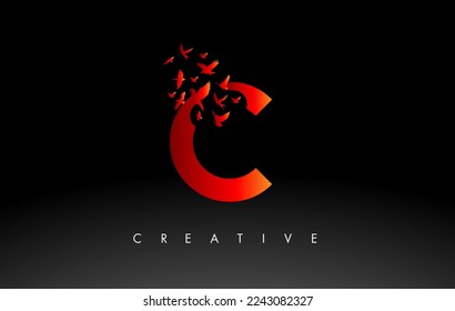 Letra roja con logotipo C con manada voladora de aves que se desintegran de la carta. Icono de la letra de vuelo de pájaro.