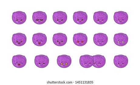 Red Cabbage cute kawaii mascot. Set kawaii food faces expressions smile emoticons. 