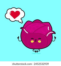 Red Cabbage doing yoga with speech bubble. Vector hand drawn cartoon kawaii character illustration icon. Isolated on blue background. Red Cabbage in love character concept