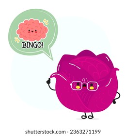 Red cabbage with speech bubble and brain character. Vector hand drawn cartoon kawaii character illustration. Isolated white background. Red cabbage and poster with brain