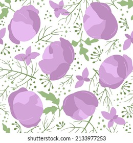 Red cabbage and spicy herbs flat vector seamless pattern. Illustration of organic fresh vegetables and spices. Background on the theme of cuisine, cooking, farm products, healthy food.