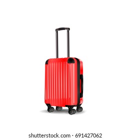 Red Cabin Luggage Mock Up, Suitcase, Luggage Isolated On White Background. Vector Illustration.