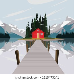 Red Cabin on The Lake Landscape Vector Illustration 