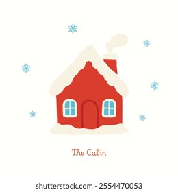 Red cabin with snowflake hand drawn illustration