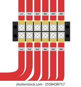 The red cable is attached to the cable terminal, equipped with a marker or identification number label for ease of maintenance. Voltage cable, high voltage, marker, bolt, electrical panel, electricity