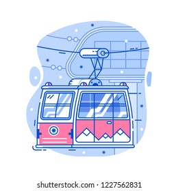 Red cable car in flat design. Electric ski lift or gondola icon in line art. Winter funicular illustration. Mountain ski resort cableway concept.