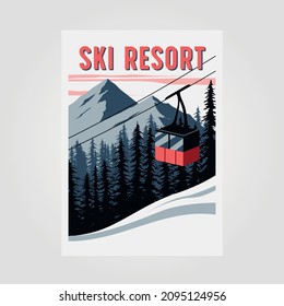 red cable car ski resort poster vintage vector illustration design, snow and red illustration