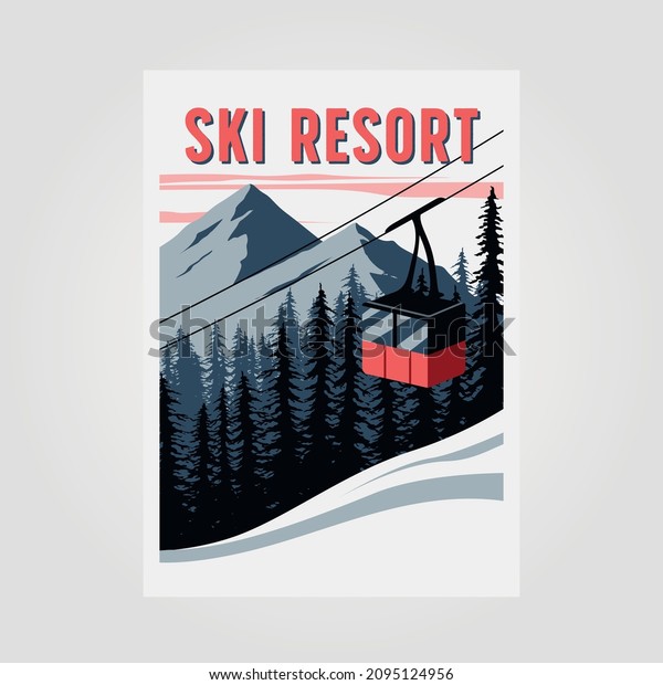 red cable car ski resort poster\
vintage vector illustration design, snow and red\
illustration