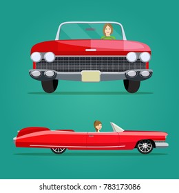 Red cabriolet two angle set. Car with driver woman side view and front view. Vector flat illustration