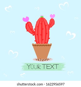 The red cactus has a heart shaped flower. In a light brown pot On a blue background and white heart
. Green wooden board for adding your text. Valentine love ideas.