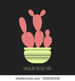 Red Cactus in a Pot on a Dark Background. Creative Vector Template with Text in Minimalism Style. Red Cactus Isolated for Card, Invitation, Paper, Postcard, Fabric, Textile or Your Project.