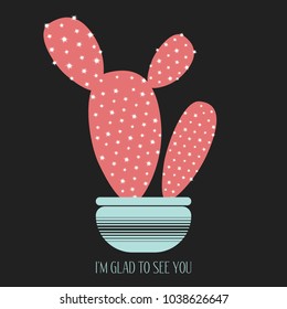 Red Cactus in a Pot on a Dark Background. Creative Vector Template with Text in Minimalism Style. Red Cactus Isolated for Card, Invitation, Paper, Postcard, Fabric, Textile or Your Project.