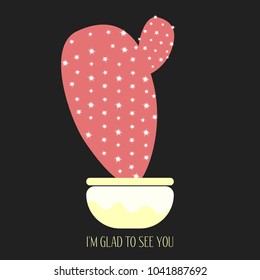 Red Cactus in a Pot on a Dark Background. Creative Vector Template with Text in Minimalism Style. Red Cactus Isolated for Card, Invitation, Paper, Postcard, Fabric, Textile or Your Project.