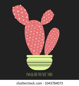 Red Cactus in a Pot on a Dark Background. Creative Vector Template with Text in Minimalism Style. Red Cactus Isolated for Card, Invitation, Paper, Postcard, Fabric, Textile or Your Project.