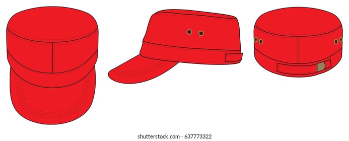 Red Cadet Military Cap With Metal Buckle Strap Template on White Background, Vector File
