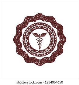 Red Caduceus medical icon inside grunge style stamp