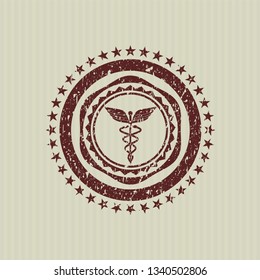 Red Caduceus medical icon inside distressed rubber grunge texture stamp
