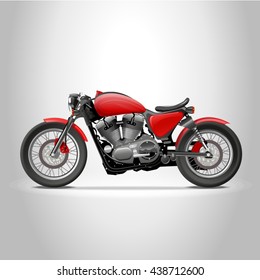 Red cafe racer motorcycle bike in profile, vector photorealistic 3d illustration isolated on white background