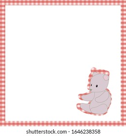 Red cage frame with white space and gray teddy bear toy cute postcard vector background.