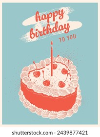 Red cake with cherries and white cream in retro style. Cake. Birthday cake. Retro cake with cherries. Greeting card. Candle. Baked goods and sweets. Confectionery product