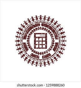 Red calculator icon inside distressed grunge stamp