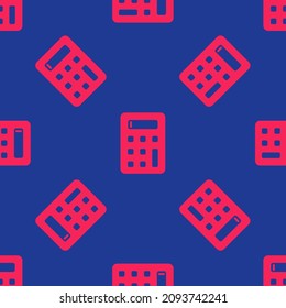 Red Calculator icon isolated seamless pattern on blue background. Accounting symbol. Business calculations mathematics education and finance.  Vector
