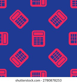Red Calculator icon isolated seamless pattern on blue background. Accounting symbol. Business calculations mathematics education and finance.  Vector