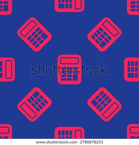 Red Calculator icon isolated seamless pattern on blue background. Accounting symbol. Business calculations mathematics education and finance.  Vector