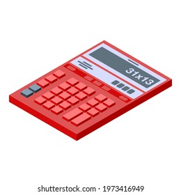 Red calculator icon. Isometric of red calculator vector icon for web design isolated on white background