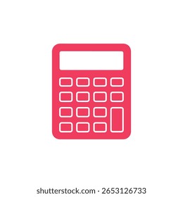 Red calculator icon with a white display and button outlines is centered on a white background. Vector illustration of financial tool for accounting.