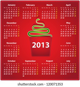 Red calendar for 2013 year in English on leather background with a snake in a pocket. Vector illustration